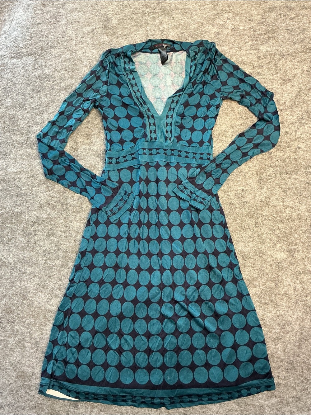 Custo Barcelona Y2K Teal & Navy Polka Dot Long Sleeve V-Neck Dress Size 1